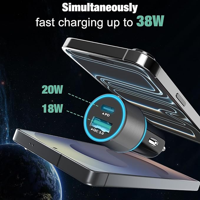 38W USB C Car Charger Adapter, 20W Fast USBC & 18W Rapid QC3.0 Ports, 12V Cigarette Lighter Adapter, Type C Auto Plug Outlet Accessories for iPhone 17 16 15 14, Google Samsung S26, Android Cell Phone