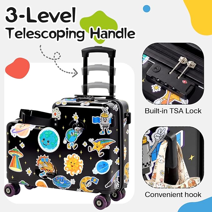 smilesun 20" Ride-On Suitcase for Kids, Cute Pattern, Lightweight Hardshell Carry-On Luggage with Double Spinner Wheels, TSA Lock for Boys & Girls（Black）