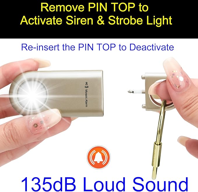 135dB Rechargeable Personal Safety Alarm Strobe Light Flashlight Keychain Siren for Women, Girls, College, School Students Emergency SOS Alerts Loud Sound Hiking Alarm Torchlight Bear Deterrent. Gold