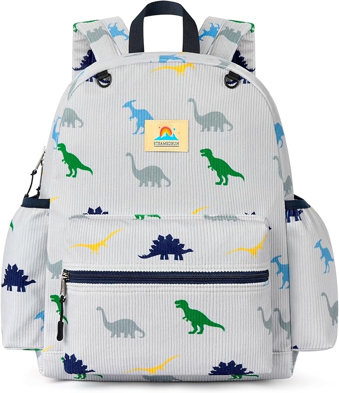 STEAMEDBUN Corduroy Kids Backpack for Boys and Girls 5-8: Boys Backpack for Elementary Kindergarten - 15 inch Cute Backpacks for Kids - Dinosaur