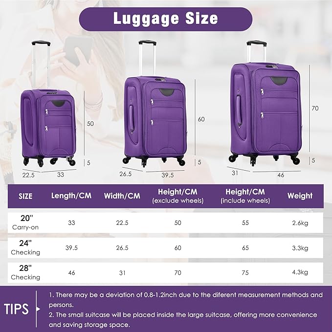 Lightweight Expandable Softside Luggage Sets 3 Piece, Large Capacity Travel Suitcase with Spinner Wheel, TSA Lock, Easy Access Design and Adjustable Telescoping Handle (Purple)