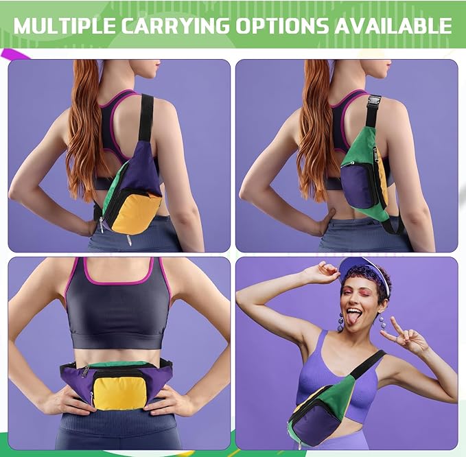 Abbylike 2 Pcs Mardi Gras Neon Fanny Packs Adjustable Waist Bags Party Outfit Accessories for Women Men Travelling Outdoors Cycling (Mardi Style)