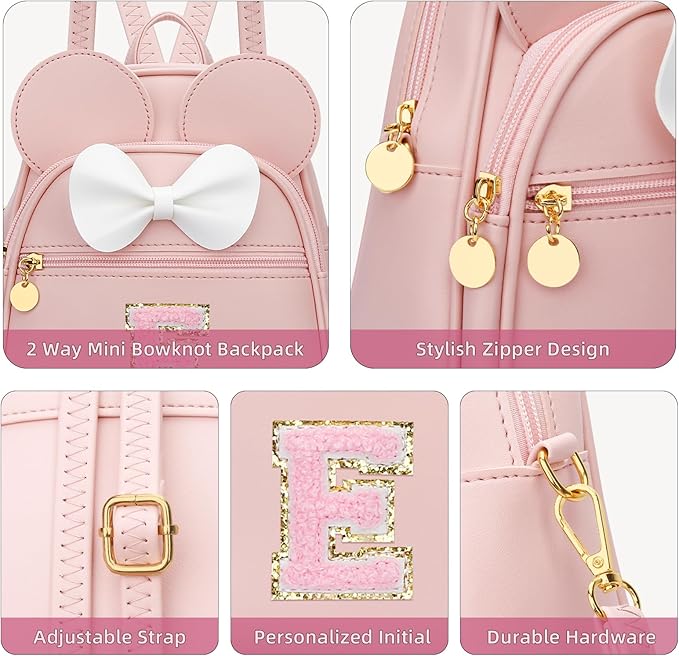 KKXIU Girls Initial Bowknot Cute Mini Backpack for Toddler, Travel Small Girl Backpacks, Personalized Birthday Gifts for Little Girls and Kids(E, Pink)