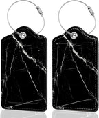 2Pack Luggage Tags for Suitcases, Cute Unique Pu Leather Cruise Luggage Tag with Privacy Cover ID Label Address Card and Metal Ring Suitable for Women Men Kids Travel Bag Black Marble Texture