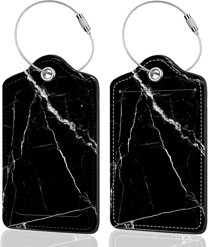 2Pack Luggage Tags for Suitcases, Cute Unique Pu Leather Cruise Luggage Tag with Privacy Cover ID Label Address Card and Metal Ring Suitable for Women Men Kids Travel Bag Black Marble Texture