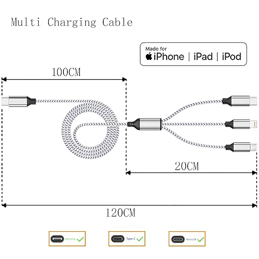 Multi Charging Cable 4ft 3Pack 3 in 1 Charger Cord, Multiple Usb C Port Rapid Nylon Braided Cable USB Charging Cable Multi Phone Charger Cord with Type C Micro Lightning USB Connectors for Cell Phones