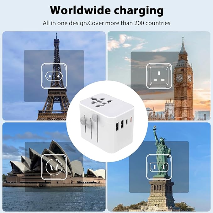 European Travel Plug Adapter, Universal Travel Adapter with PD Fast Charging, 5-Port (1 AC/2 USB-A/2 USB-C) International Power Adapter with Fuse Surge Protection for US EU UK AU - White