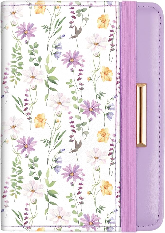 Passport Holder Cover, RFID Travel Wallet Credit Card Holder Green Cute Floral Passport Book Holders for Women with Elastic Band and Golden Metal Decoration, White Daisy