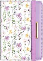 Passport Holder Cover, RFID Travel Wallet Credit Card Holder Green Cute Floral Passport Book Holders for Women with Elastic Band and Golden Metal Decoration, White Daisy