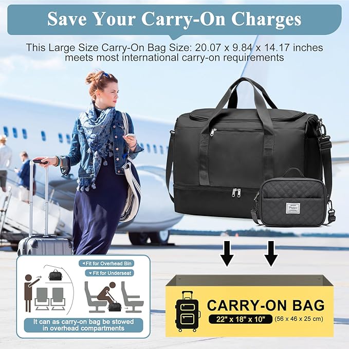 Large Travel Duffle Bag,Carry on Overnight Bag with Shoes Compartment,Weekender Bags for Women for Travel Business Trips Sport Hospital,3 Pcs Set,Black