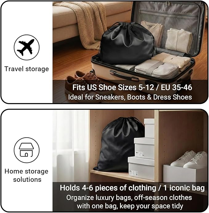 Q&J Fabric Co. 6 Pack Satin Dust Bags for Purses and Handbags - Purse Storage Organizer with Drawstring, Dustproof Travel Storage Pouches for Handbags, Shoes, Boots & Clothes (19.7"x23.6", Black)