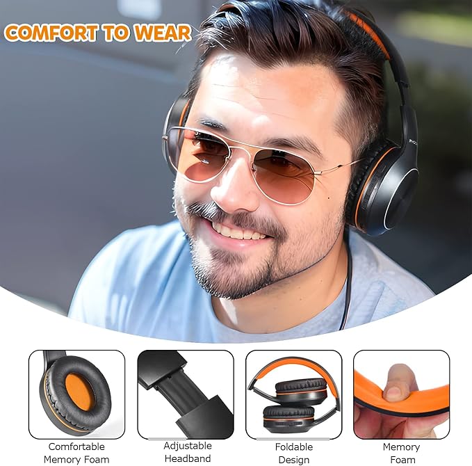 Rydohi Bluetooth Headphones Over Ear, 68H Playtime and 3 EQ Music Modes Wireless Headphones with Microphone/Deep Bass, HiFi Stereo Foldable Lightweight Headset for PC Home Travel Office