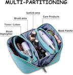 BOYATU Checkered Travel Makeup Bags: Vacation-Ready Light Blue Large Capacity Cosmetic Bag for Women - 3 Pcs Set Toiletry Organizer with Waterproof Leather - Easy to Clean Beach Trip Essential