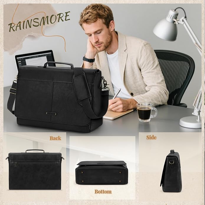 RAINSMORE Vintage Flap Messenger Bag for Men PU Leather Laptop Bag 15.6 Inch Mens Briefcase Waterproof Satchel Computer Bag