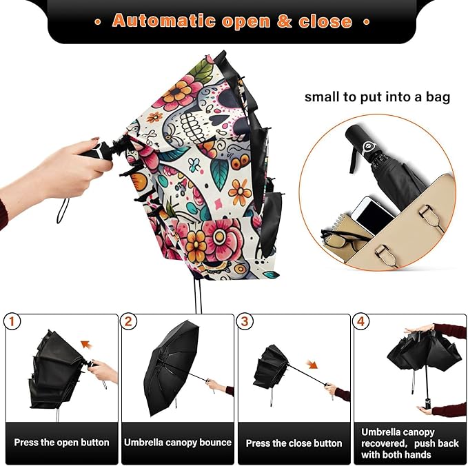 ALAZA Folding Umbrella Sugar Skulls Day Of The Dead Compact Travel Umbrella Automatic Open Close, Inverted Umbrellas for Rain Windproof Sun Umbrellas UV Protection Large Portable Reverse