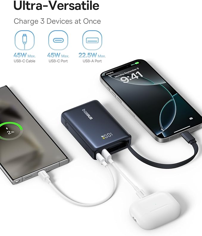 Baseus 0.3" Ultra Slim 5000mAh MagSafe Portable Charger & 45W Power Bank Built-in USB C Cable