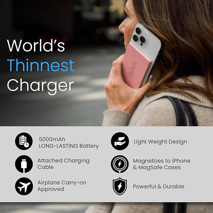 Clutch Pro – World's Thinnest Portable Charger – USB-C Power Bank 5000mAh – Magnetic Built-in Cable – TSA Approved Travel Charger – iPhone 15/16/17 & Android – Pink
