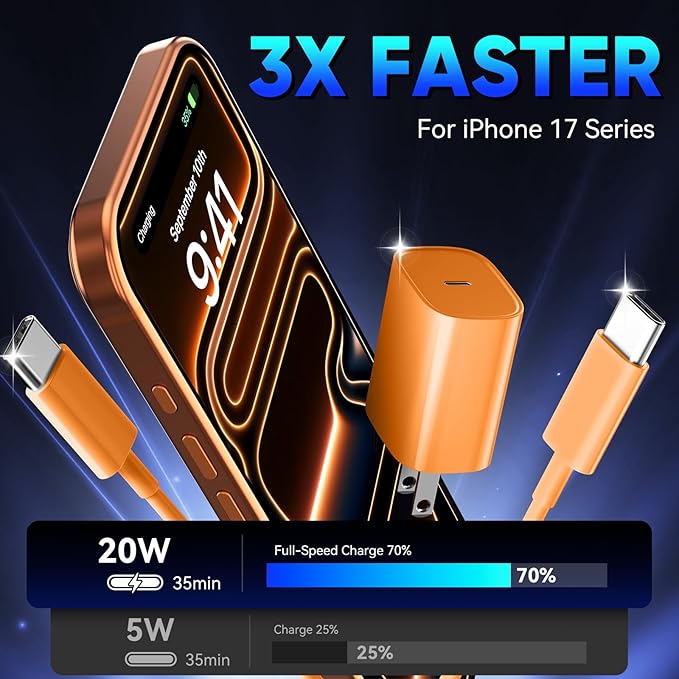 Phone 17 16 15 Pro Charger Fast Charging, 20W USB C Fast Charger Block with 10FT Long Type C Chargers Fast Charging Cable Cord for Phone 17/17 Pro/17 Pro Max/Air/16 Pro Max/16 Pro/15Pro-Cosmic Orange