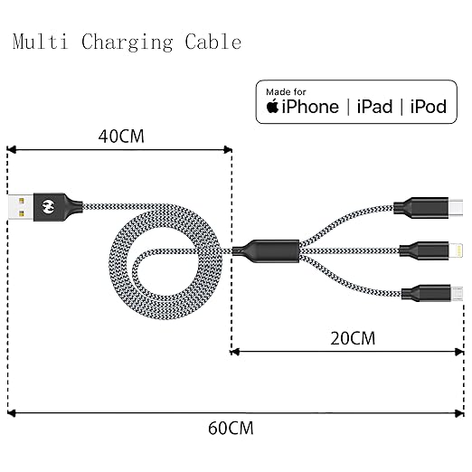 Multi Charging Cable 10ft 2Pack 3 in 1 Charger Cord, Long Multiple Rapid Nylon Braided Cable USB Charging Cable Multi Phone Charger Cord with Type C Micro Lightning USB Connectors for Cell Phones