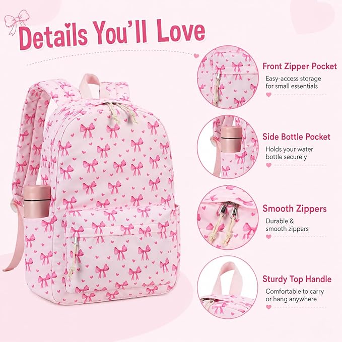 LOIDOU Backpack for Girls School Backpacks Bookbags for Elementary Middle School Women Laptop Backpacks (Pink bow-215, L-17)