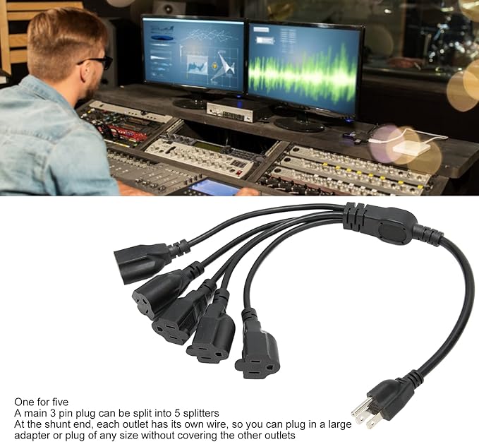 Extension Cord Splitter, 3 Prong 1 to 5 Outlet Splitter, 16AWG 18AWG 5 Way Outdoor Outlet Extender for Computer LED Stage Light