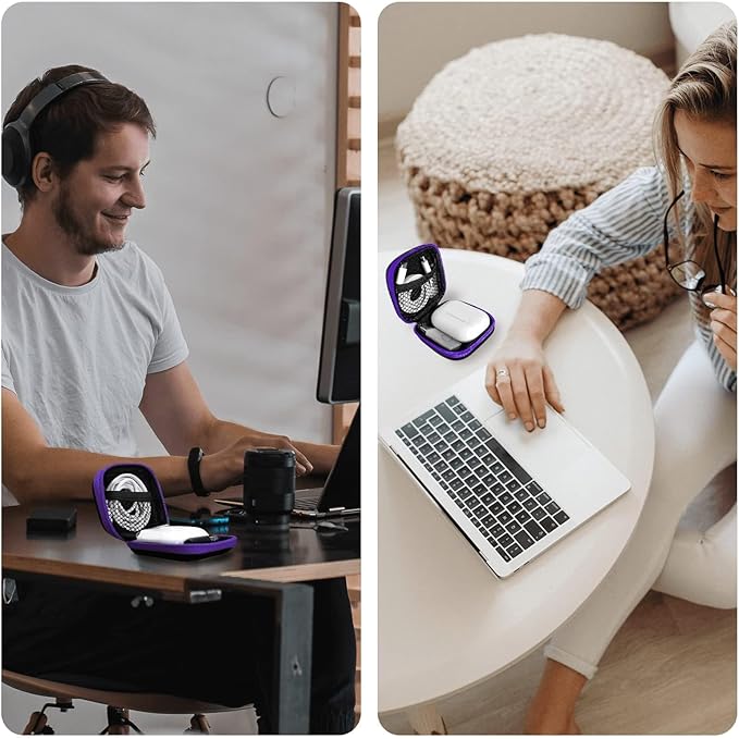 Square Earbud Case Portable EVA Carrying Case Storage Bag Tech Pouch Cell Phone Accessories Organizer with Carabiner for Earphone, Earbud, Earpieces, SD Memory Card, Camera Chips, Purple