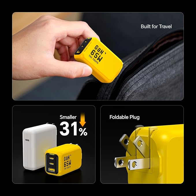 AOHI Youth 65W GaN+ USB C Charger Block, 3-Port PPS Type C Compact Foldable Laptop Fast Wall Charger for MacBook Pro/Air, iPad Pro, iPhone 17/16 Pro Max, Galaxy S24, Pixel, Steam Deck and More, Yellow
