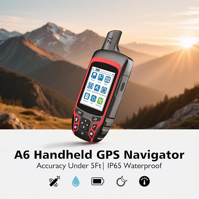 A6 Handheld GPS for Hiking, Rugged Waterproof GPS Navigator with 20 Hrs of Battery Life, 2 Navigation Mode, 2.4" Color Display and GPS Compass, Moon Phase Information