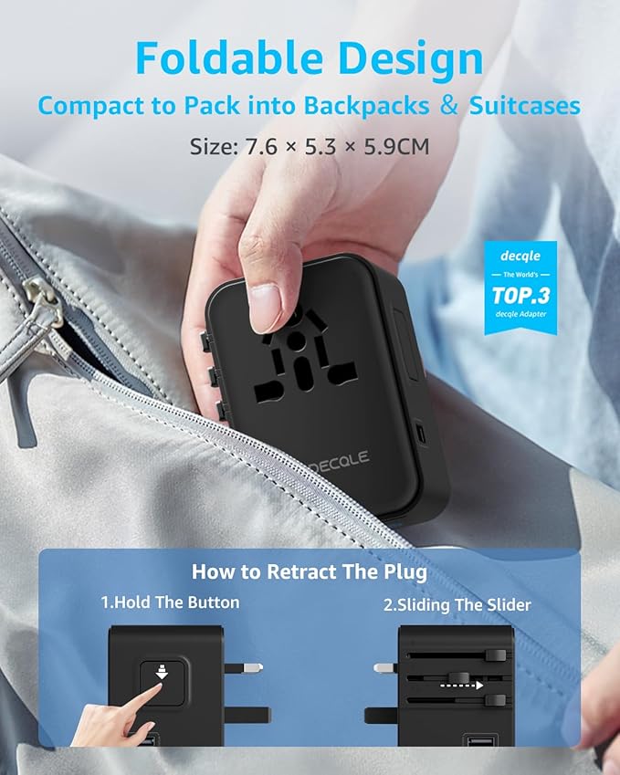 Universal Travel Adapter, International Travel Plug Adapter with 3 USB-C ＆ 2 USB-A Ports(Total 30W), All in One Portable Adaptor, for USA, UK, EU, AU ＆ 224+ Countries (Black)