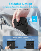 Universal Travel Adapter, International Travel Plug Adapter with 3 USB-C ＆ 2 USB-A Ports(Total 30W), All in One Portable Adaptor, for USA, UK, EU, AU ＆ 224+ Countries (Black)