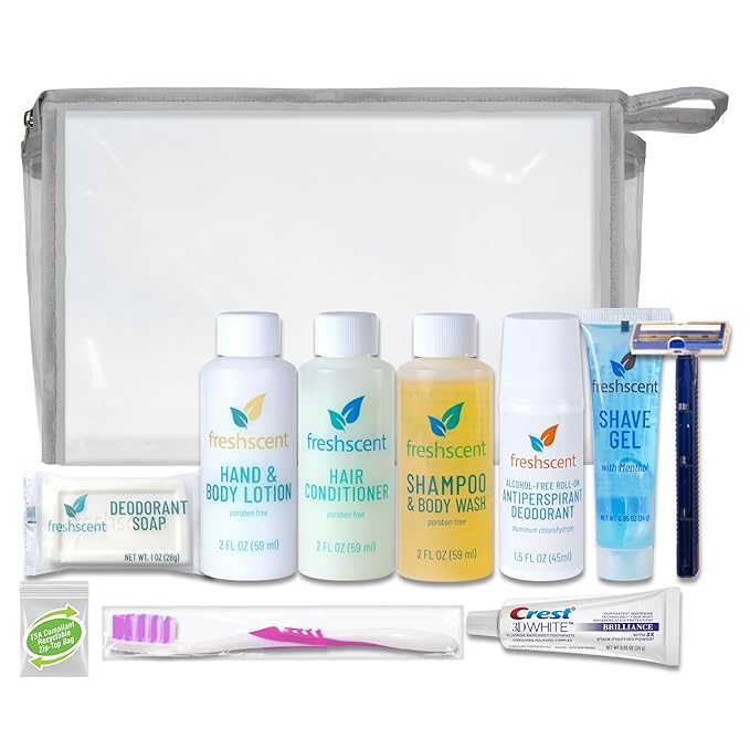 Convenience Kits International Unisex 10-Piece Budget Hygiene Travel Kit with Crest Toothpaste, Bar Soap, Shave Gel, and TSA-Friendly Zippered Travel Bag