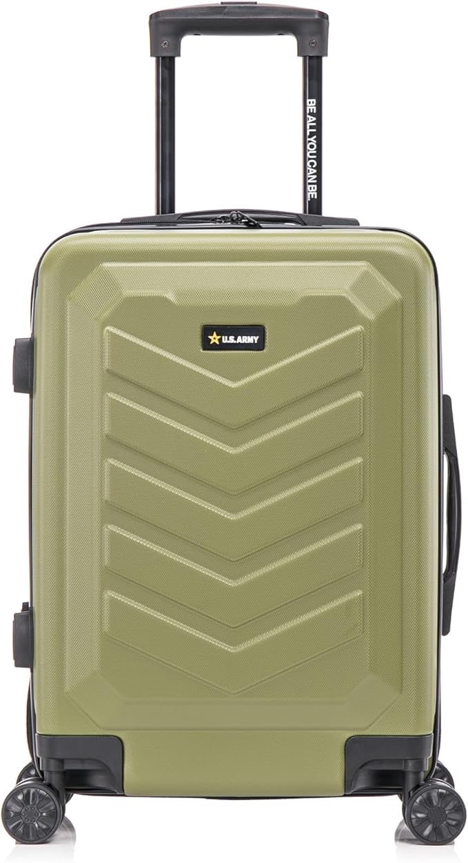 US ARMY Fox 20 inch Carry-On Hardside Luggage with Spinner Wheels | Lightweight Small Suitcase for Travel | Chevron Icon, Gel Handle, Side Studs, Retractable Trolley, Heavy Duty | Olive Drab