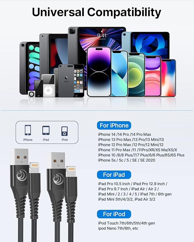 Aioneus iPhone Charging Cable 6ft 2Pack, MFi Certified USB A to Lightning Cable Nylon Braided Fast Charger Cord for Apple iPhone 14 13 12 11 Pro XS Max XR 10 8 7Plus SE