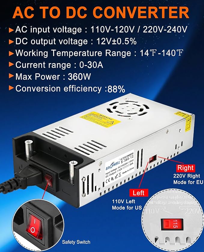 EAGWELL New Version Converter, 110V to 12V Converter DC Power Supply 12V Power Supply DC Switch Transformer for RV, Pump, LED Strip, LCD Monitor