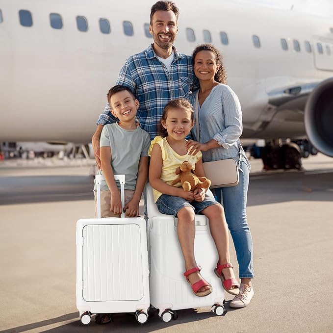 20'' Ride on Luggage Kids Rolling Suitcase with Seat & Aluminum Frame Back to School Gift for Student Travel(White)