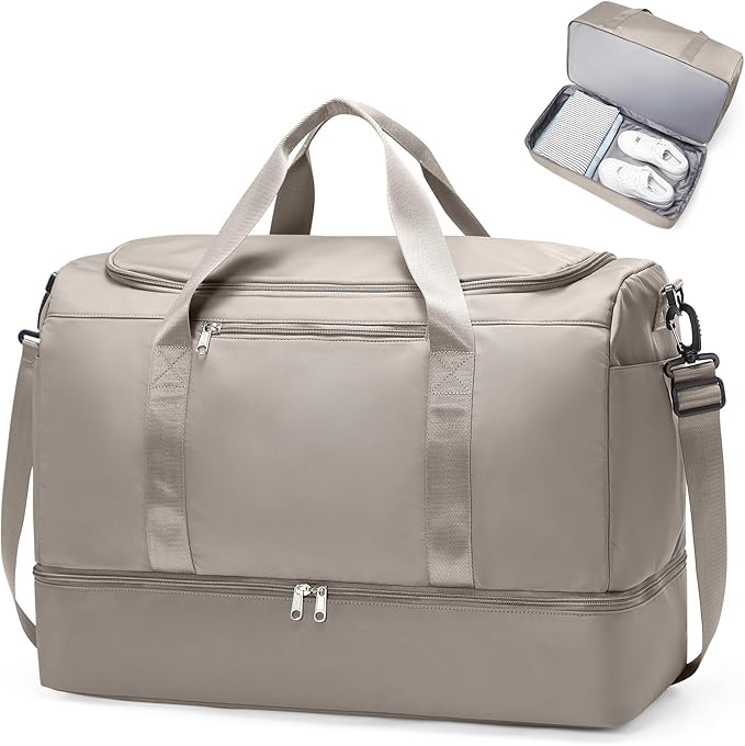 Extra Large Travel Duffle Bag,Carry on Overnight Weekend Bag with Shoes Compartment,Weekender Bags for Women for Travel Business Trips Sport Hospital,Camel