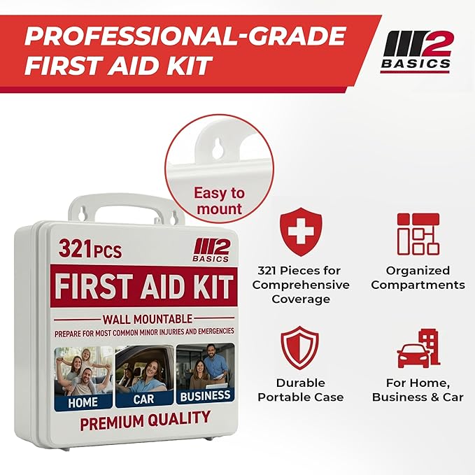 M2 BASICS 321 Piece First Aid Kit, Hard Case Emergency Medical Kit with Supplies for Home, Car, School, Office, Workplace