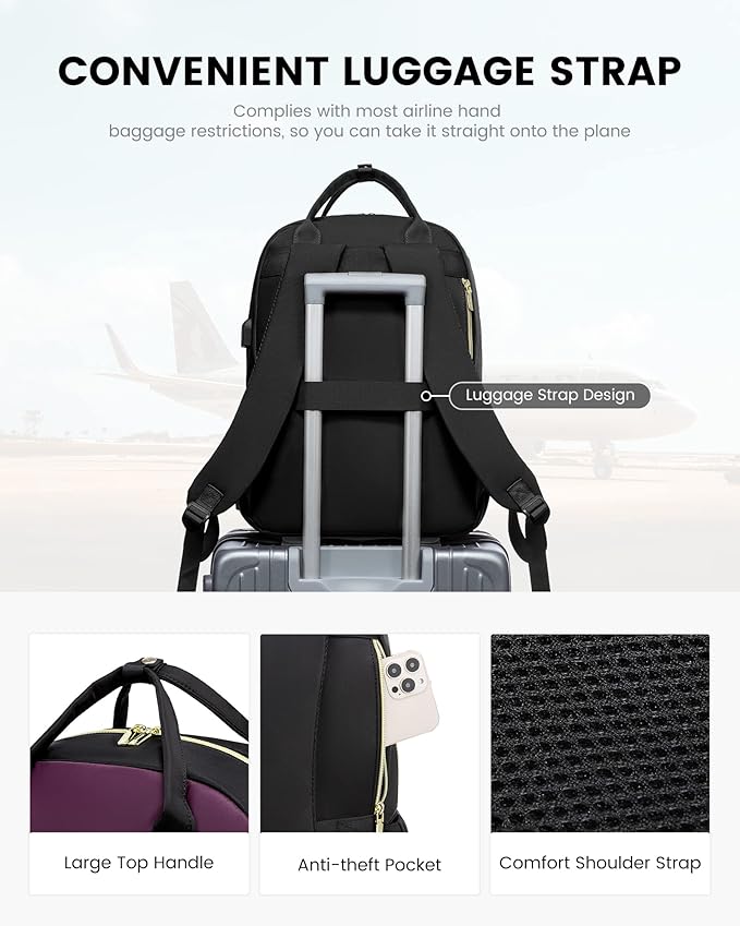 LOVEVOOK Lunch Backpack for Women, 15.6 Inch Laptop Bag with Insulated Cooler Lunch Box, Work Backpack for Teacher Nurse, Travel Backpack Lunch Bag for Camping Picnic Daily Use, Purple Black