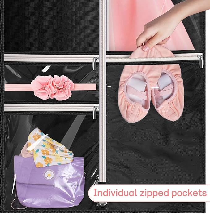 KIMBORA Costume Dance Garment Bag with 3 Clear Zipper Pockets for Suits Dress Cover, Travel Storage & Competitions, Set of 2 (Black)