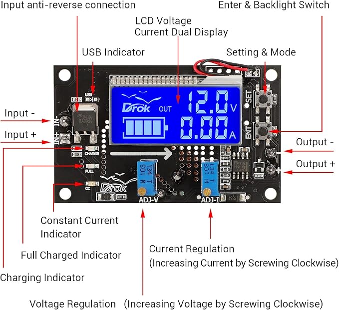 DROK Voltage Boost Converter, DC 6-30V 5V Step Up to DC 7-32V 12V 24V 5A Adjustable Volt Regulator, LCD Power Supply Module Voltage Current Amp Display Transformer Circuit Board with Case