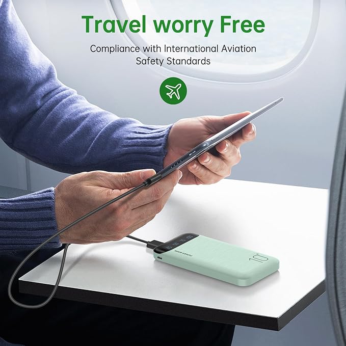 YOBON Power Bank 10000mAh Portable Charger Slim Battery Pack with 2 USB 2.4A Outputs and USB C in/Out Compatible with Huawei iPhone 16 15 14 13 12 iPad Samsung Galaxy S20 Android Tablet (Light Green)