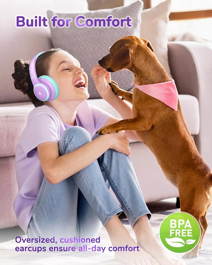 iClever BTH26 Active Noise Cancelling Headphones for Kids, 60H Play Time, Safe Volume 80dBA, Type C Fast Charging, Bluetooth5.4, Kids Bluetooth Headphones with Mic AUX Cord for iPad Airplane, Purple