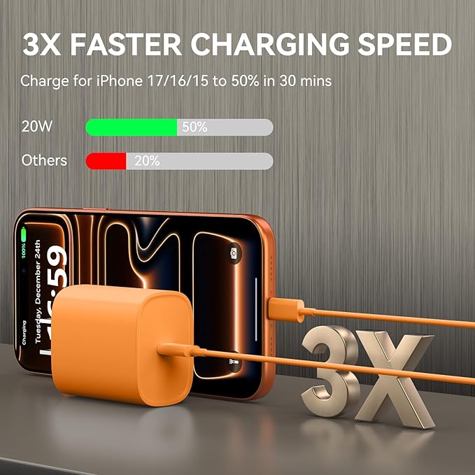 Phone 17 16 15 Charger Fast Charging, 10 FT Long USB C Charger Cord with 20W Type C Fast Phone Charging Block forPhone 17/17 Pro/17 Pro max/Air/Phone 16 15 Pro Max Plus, iPad, Android,Orange