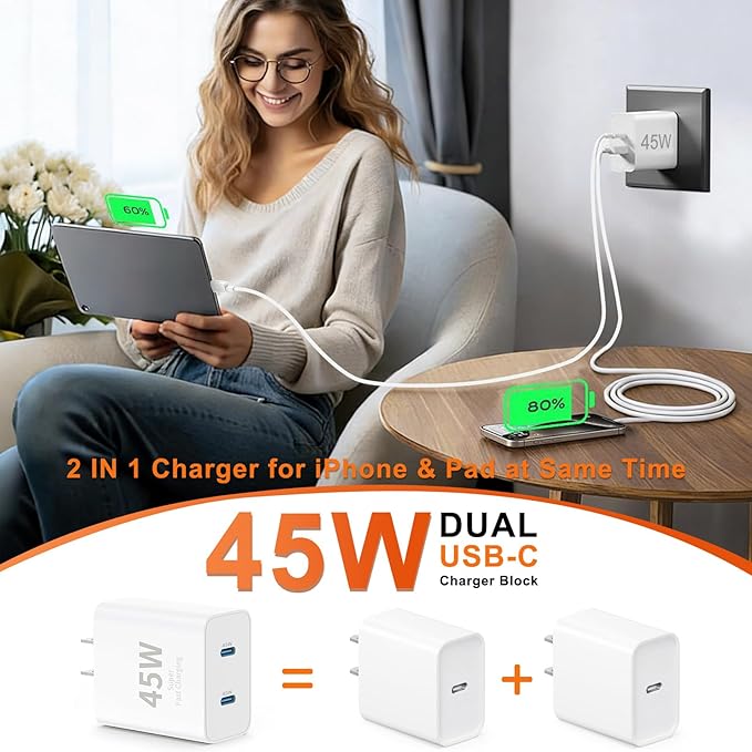 45W USB-C for iPhone 17 16 15 Pro Max Charger Fast Charging and Long Type C to C Cable Cord 10FT/6FT,PD 3.0 GaN Dual USB C Port Super Fast for iPhone 17 Pro/17 Air/16 Plus/15 Series/Pad/Galaxy S24/S25