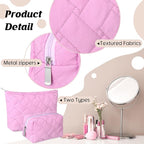 Huhumy 2 Pc Makeup Bag Set Cute Quilted Cosmetic Pouch for Women Travel Toiletry Bag Preppy Small Makeup Purse Pouch Skincare Brushes Storage Organizer Pencil Case Set(Knitted,Quilted,Rose Pink)