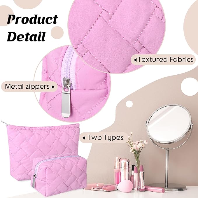 Huhumy 2 Pc Makeup Bag Set Cute Quilted Cosmetic Pouch for Women Travel Toiletry Bag Preppy Small Makeup Purse Pouch Skincare Brushes Storage Organizer Pencil Case Set(Knitted,Quilted,Rose Pink)
