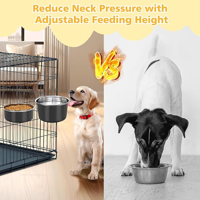 Large Dog Crate Water Bowl No Spill 2 Pack, Stainless Steel Dog Bowls for Food and Water, Pet Kennel Hanging Dogs Food Bowls for Medium/Large Dogs and Cats (7.1"x3.7" & 7.1"*2.6", Black)