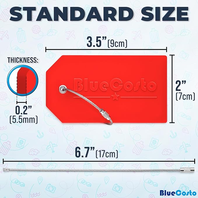 BlueCosto - Luggage Tags - Large, Red, 5 PK - PVC Suitcase Tags w/Privacy Cover & Stainless Steel Wire Loops - Personalized Baggage Identifiers for Travel - Backpack Name Labels