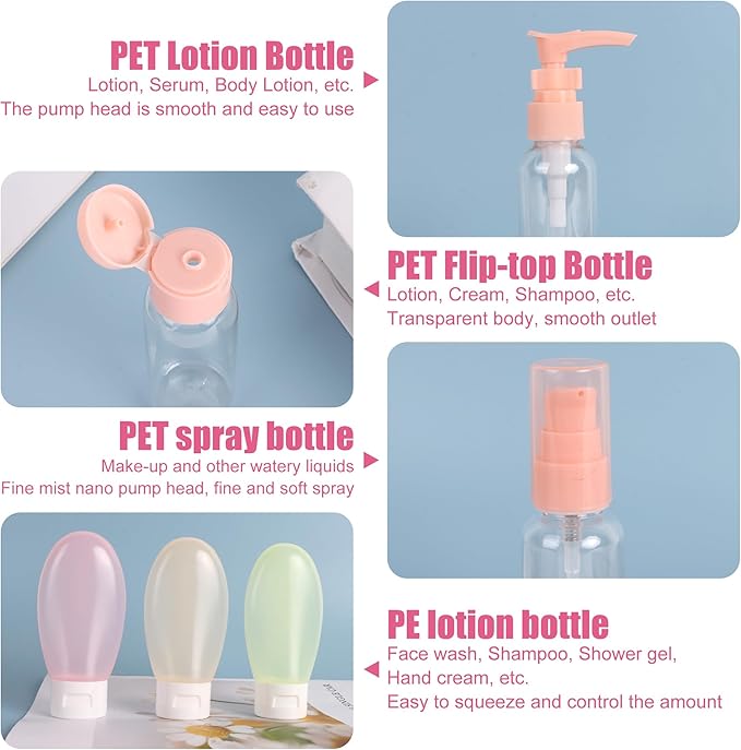 Travel Bottles Set for Toiletries 13Pcs Travel Size Silicone Containers with Labels 60ml Leak Proof Travel Containers for Toiletries Refillable Squeezable Shampoo Conditioner Bottles (Pink)