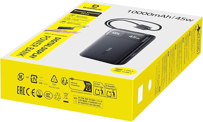 Baseus 45W Power Bank, 10000mAh Portable Phone Charger Built-in Dual USB-C Cables